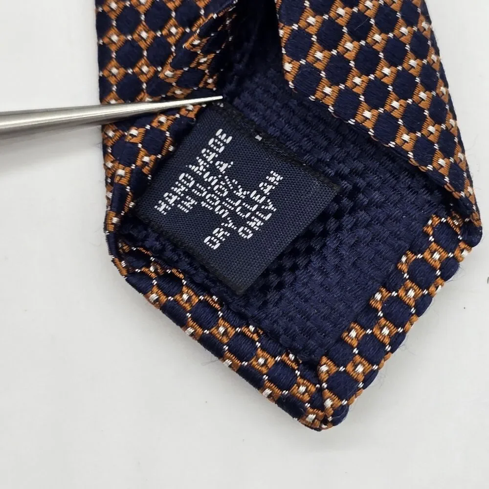 Cremieux Collection Handmade Silk Tie Navy Copper/Orange Repeating Geometric